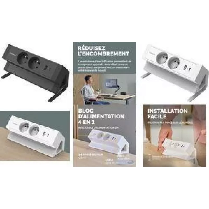 Fellowes Power Desk 2 -pöytäpistorasia, Type-E, 2 pistorasiaa, 2 USB, musta