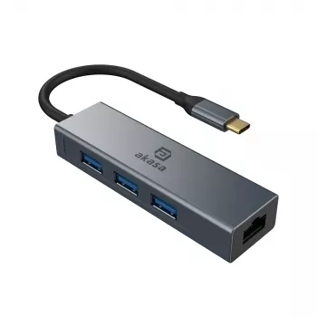 Akasa USB Type-C 4-in-1 -keskitin Ethernetillä 1 x RJ45 3 USB-A USB 3.2 Gen 1