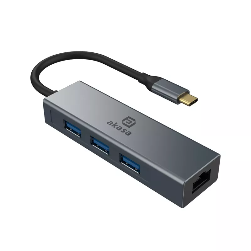Akasa USB Type-C 4-in-1 -keskitin Ethernetillä 1 x RJ45 3 USB-A USB 3.2 Gen 1