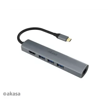 Akasa AK-CBCA22-18BK USB-C-moniporttisovitin - USB 3.2 Gen 1 Type-C - HDMI, RJ-45, USB-A - alumiini - musta - 18 cm
