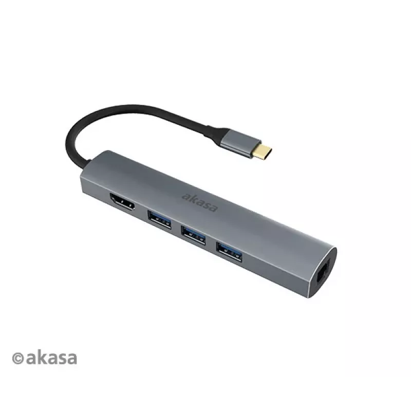 Akasa AK-CBCA22-18BK USB-C-moniporttisovitin - USB 3.2 Gen 1 Type-C - HDMI, RJ-45, USB-A - alumiini - musta - 18 cm
