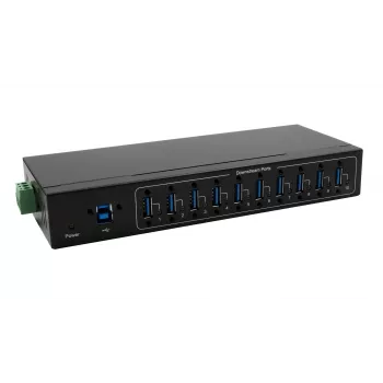 Exsys USB 3.2 Gen 1 10-porttinen metallikeskitin DIN-kiskosarjalla, VIA VL811+ -piirisarja, 5 Gbit/s, 5V/4A virtalähde, 1,8 m kaapeli