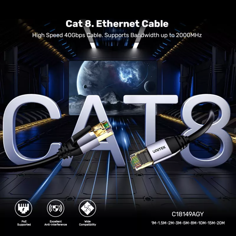 UNITEK Cat.8 S/FTP Ethernet-verkkokaapeli 10m RJ45 40Gbps 2000MHz kullattu musta