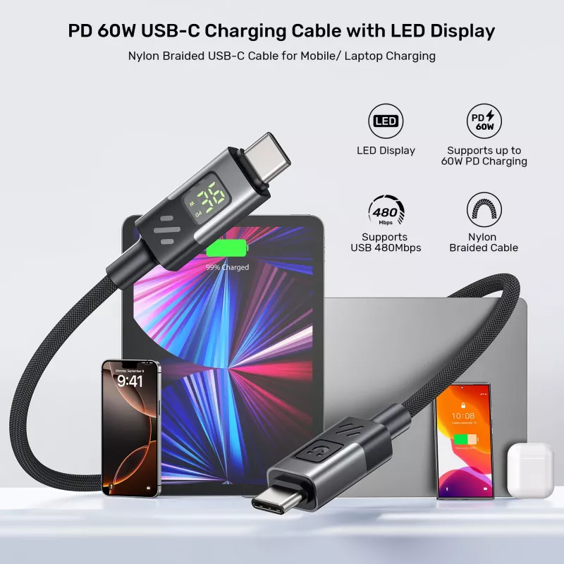 UNITEK USB-C - USB-C -kaapeli 60W PD 480Mbps LED-näytöllä 3m punottu musta