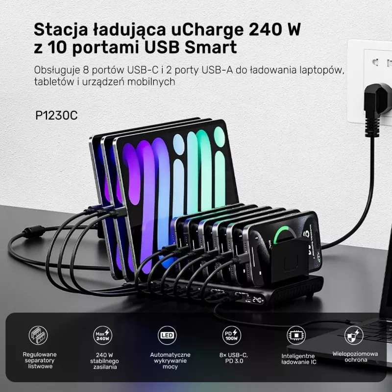 UNITEK 10-porttinen USB-C & USB-A 240W -latausasema