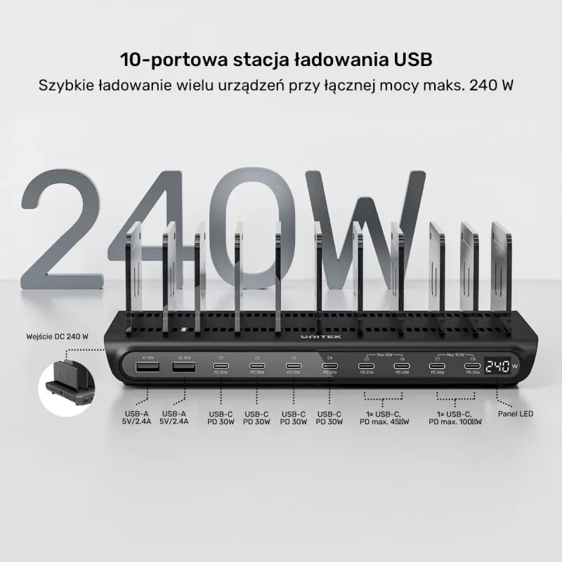 UNITEK 10-porttinen USB-C & USB-A 240W -latausasema