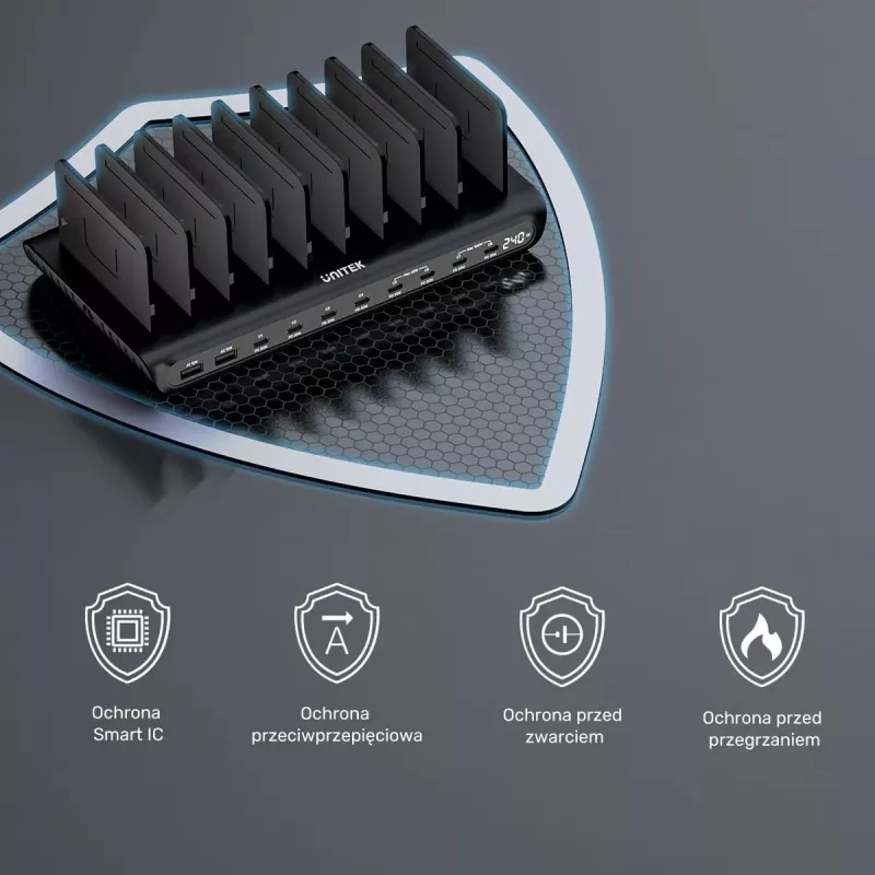 UNITEK 10-porttinen USB-C & USB-A 240W -latausasema