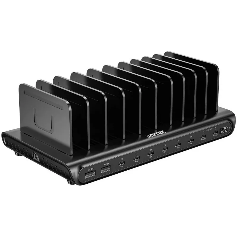 UNITEK 10-porttinen USB-A/USB-C älykäs latausasema 120W PD 3.0 musta
