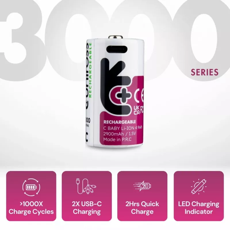 Uniross USB-C C/HR14 akku litiumioni 3000mAh, 2 kpl:n pakkaus