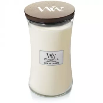 WoodWick White Tea & Jasmine tuoksukynttilä lasissa, Medium, 275g