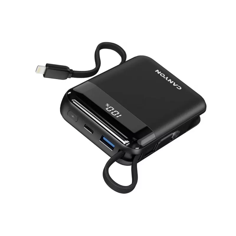 Canyon OnPower 104 10000 mAh varavirtalähde USB-C- ja Lightning-kaapelilla musta