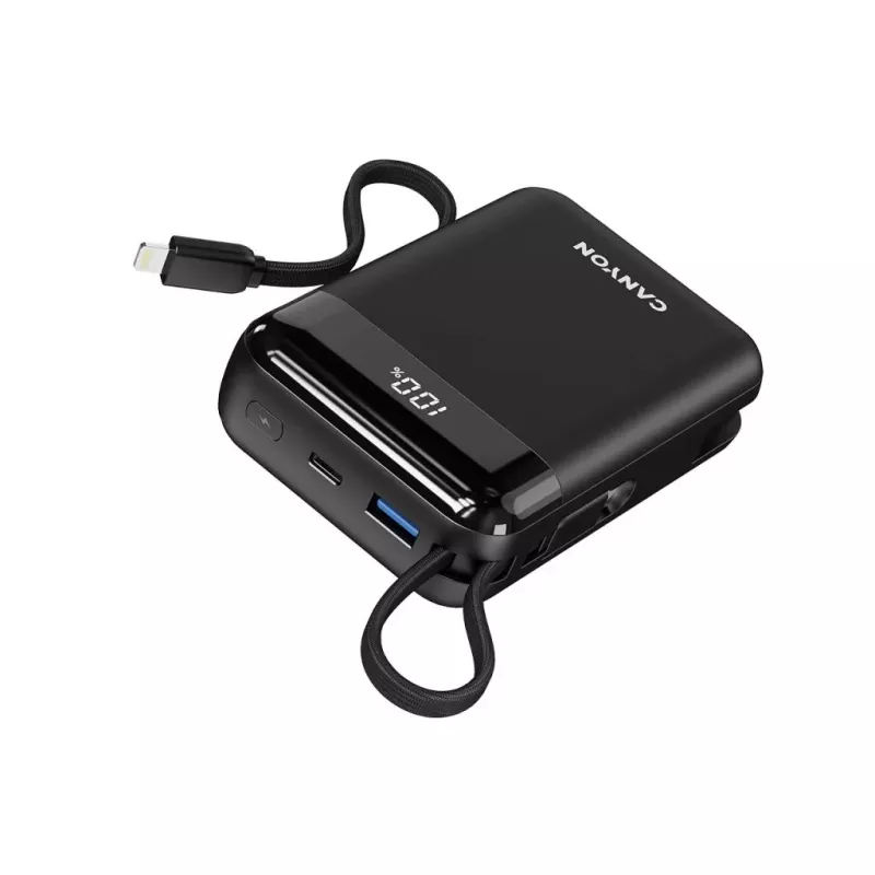 Canyon OnPower 204 20000 mAh varavirtalähde USB-C- ja Lightning-kaapeleilla, musta