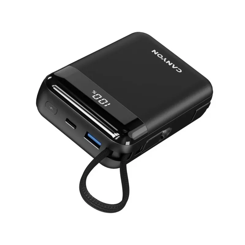 Canyon OnPower 204 20000 mAh varavirtalähde USB-C- ja Lightning-kaapeleilla, musta
