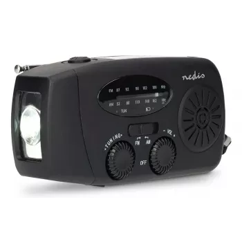 Nedis RDFMCR2000BK aurinkoradio taskulampulla ja SOS-toiminnolla, FM/AM, USB-C, 2000 mAh, musta