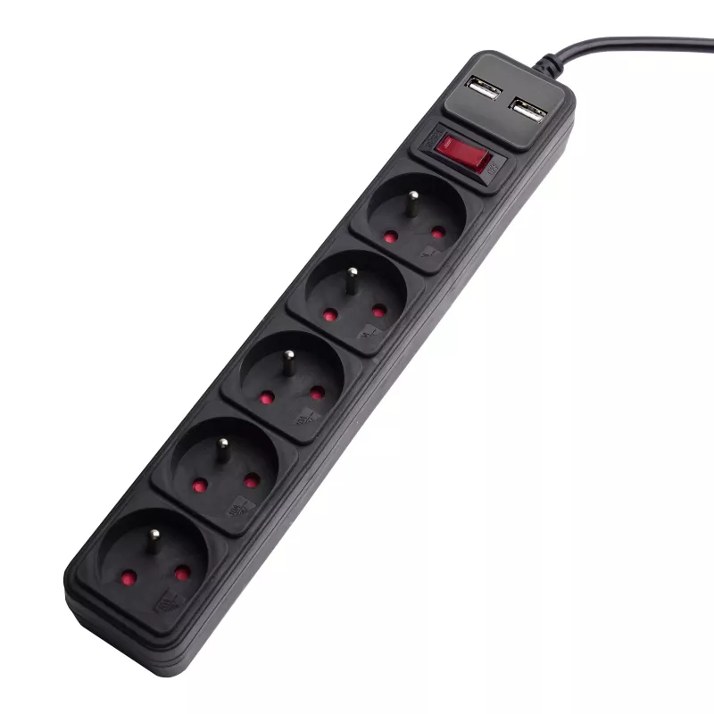 Akyga AK-SP-05U jatkojohto ylijännitesuojalla, 5x CEE 7/5 (tyyppi E), 2x USB-A, 1,8 m, musta