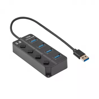 Akyga AK-AD-33 aktiivinen USB 3.0 -keskitin, 4 porttia yksittäisillä kytkimillä, 15 cm, musta