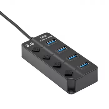 Akyga AK-AD-33 aktiivinen USB 3.0 -keskitin, 4 porttia yksittäisillä kytkimillä, 15 cm, musta
