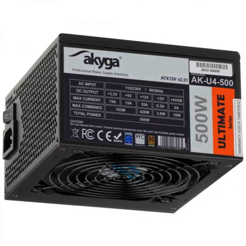 Akyga Ultimate AK-U4-500 ATX-virtalähde 500 W, 80 PLUS Bronze, aktiivinen PFC, 120 mm tuuletin