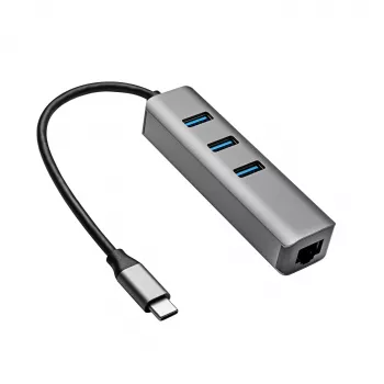 Akyga AK-AD-66 USB-C-keskitin, 3x USB 3.0 ja Gigabit Ethernet, 15 cm, musta