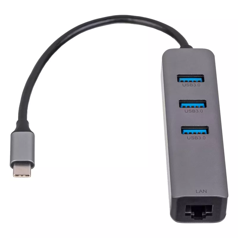 Akyga AK-AD-66 USB-C-keskitin, 3x USB 3.0 ja Gigabit Ethernet, 15 cm, musta