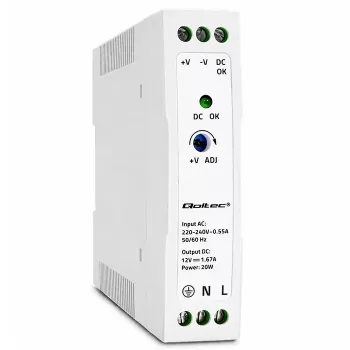 Qoltec DIN-kiskovirtalähde 20W 12V 1.67A valkoinen ohut
