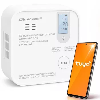Qoltec sertifioitu langaton häkämonoksidi (CO) -ilmaisin paristolla, CO-ilmaisin, TUYA, Wi-Fi, 10 vuoden anturin käyttöikä, 85dB hälytys, LED