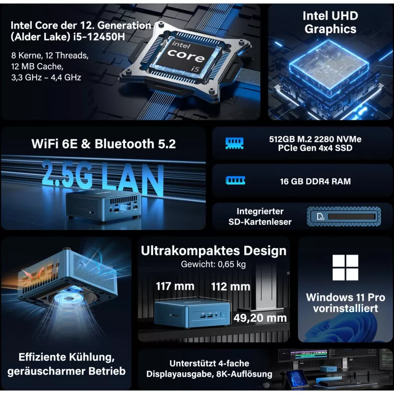 GEEKOM IT12 minitietokone, Intel Core i5-12450H, 16 GB RAM, 512 GB SSD, Windows 11 Pro, sininen