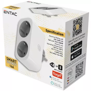 ENTAC Smart WiFi kaksoispistorasia-adapteri ES-DSA-WIBLE, valkoinen, 2 pistorasiaa, 3680 W