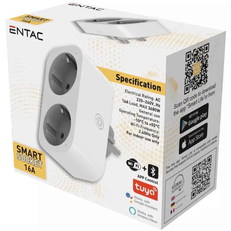 ENTAC Smart WiFi kaksoispistorasia-adapteri ES-DSA-WIBLE, valkoinen, 2 pistorasiaa, 3680 W