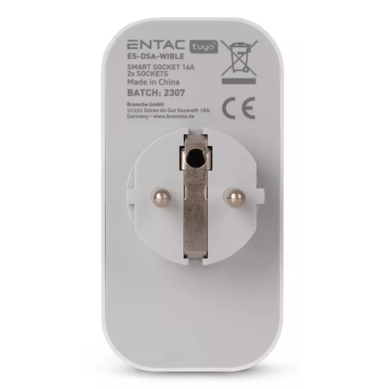 ENTAC Smart WiFi kaksoispistorasia-adapteri ES-DSA-WIBLE, valkoinen, 2 pistorasiaa, 3680 W