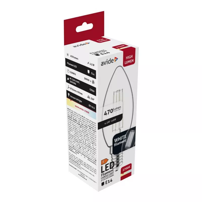 Avide LED Filament kynttilälamppu 4,5W E14 lämmin valkoinen 2700K