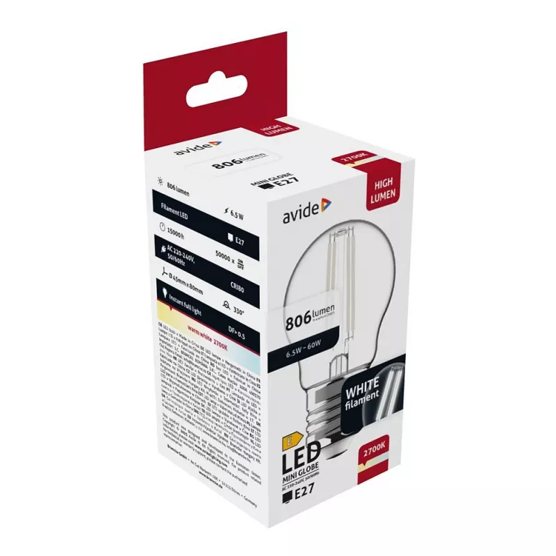 Avide LED Filament Mini Globe 6,5W E27 lämminvalkoinen 2700K