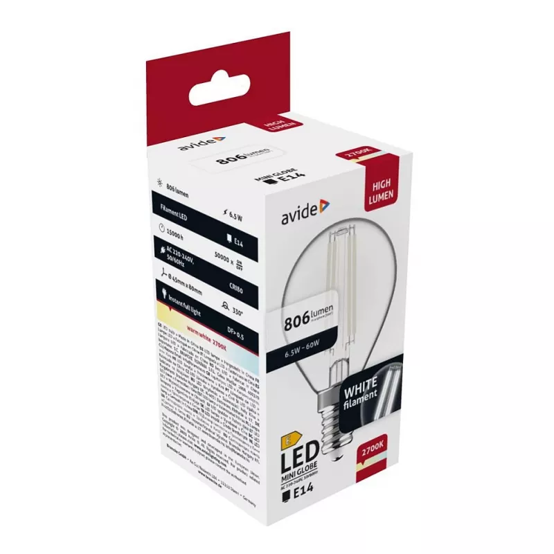 Avide LED-lamppu White Filament Mini Globe 6,5W E14 lämmin valkoinen 2700K