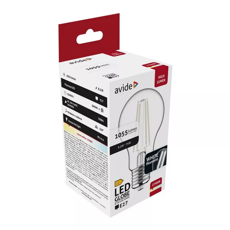 Avide LED Filament Globe lamppu 8,5W E27 lämmin valkoinen 2700K