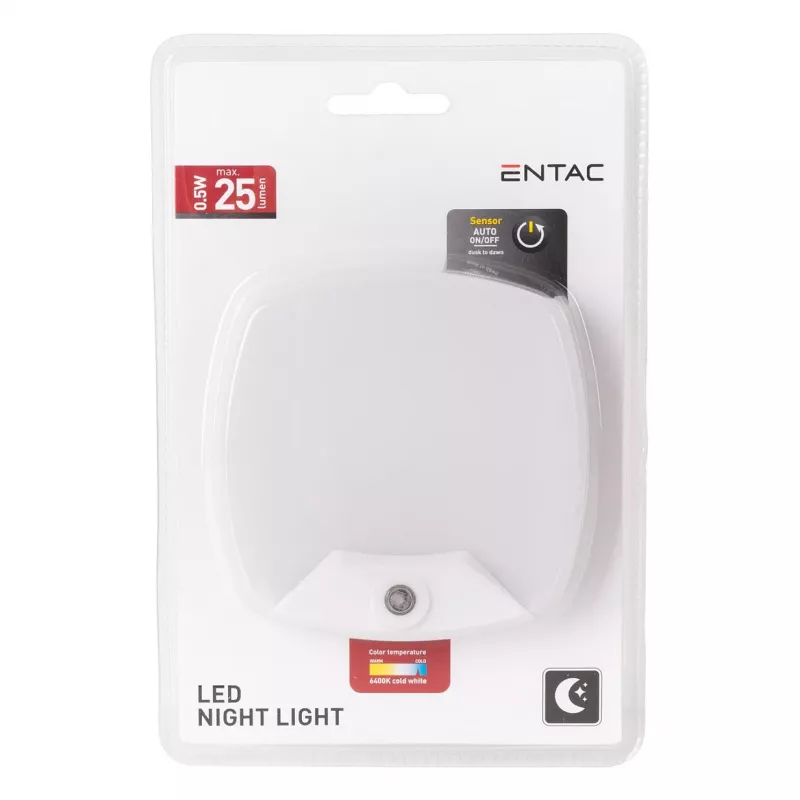ENTAC Night Light 0,5W neliö kylmä valkoinen hämäräkytkimellä