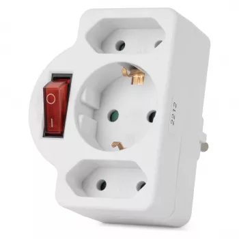 ENTAC seinäpistorasia-adapteri 2x euro 1x schuko kytkimellä valkoinen