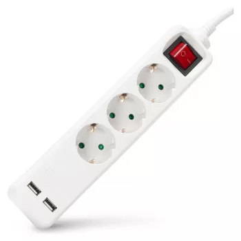 ENTAC jatkojohto 3-osainen USB:lla 1,5 m kytkin valkoinen