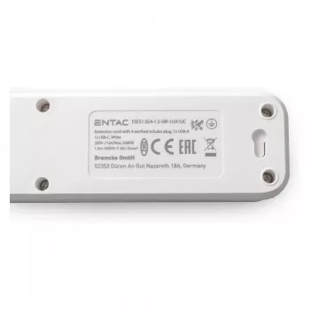 ENTAC jatkojohto 4-osainen 1x USB-A & 1x USB-C, 1,5 m valkoinen