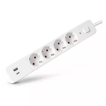 ENTAC jatkojohto 4-osainen 1x USB-A & 1x USB-C, 1,5 m valkoinen