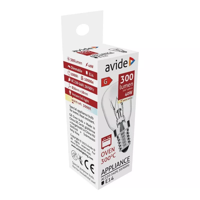 Avide uunilamppu 300°C 300 lm 40W E14 lämmin valkoinen 3000K