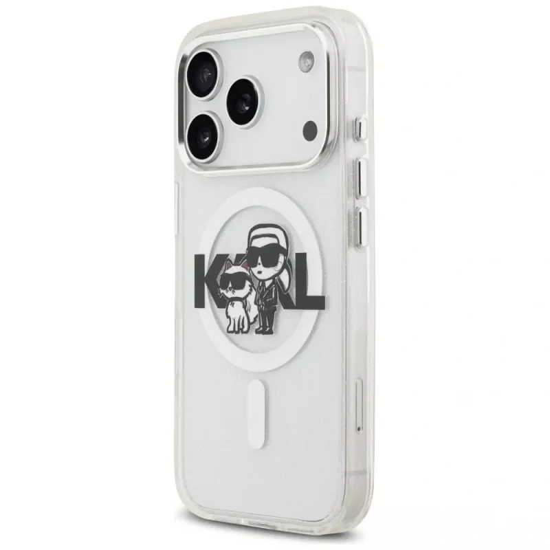 Karl Lagerfeld IML Glitter Karl & Choupette Sketch Logo MagSafe -kuori iPhone 17 Pro, läpinäkyvä