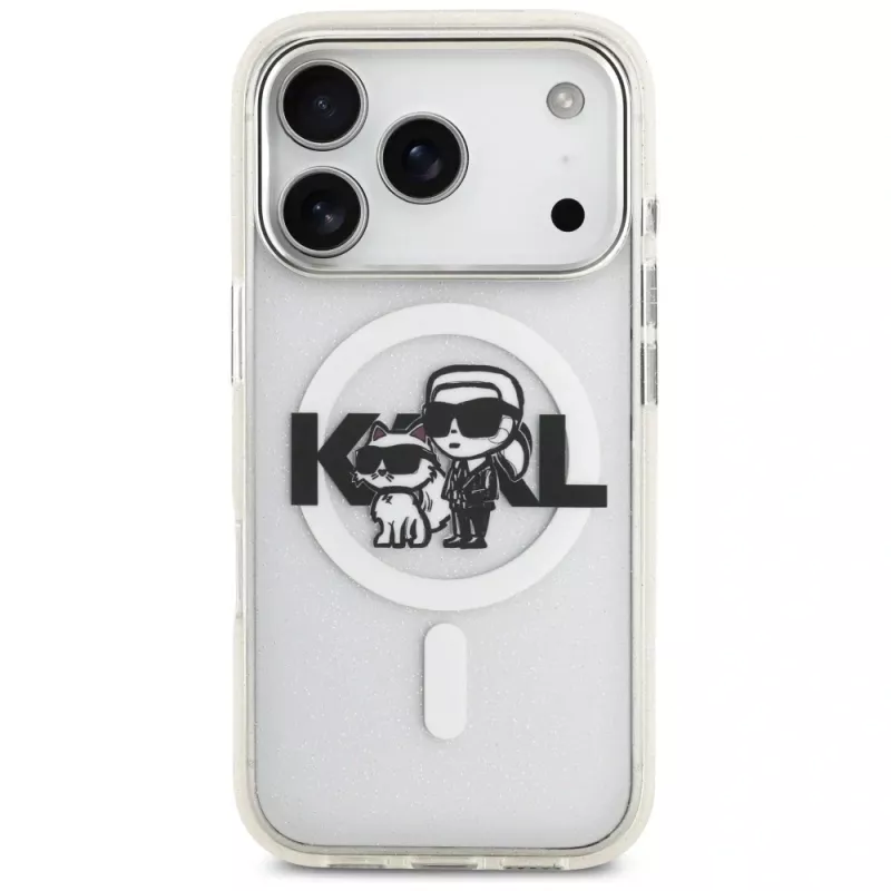 Karl Lagerfeld IML Glitter Karl & Choupette Sketch Logo MagSafe -kuori iPhone 17 Pro, läpinäkyvä