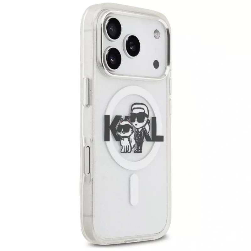 Karl Lagerfeld IML Glitter Karl & Choupette Sketch Logo MagSafe -kuori iPhone 17 Pro, läpinäkyvä