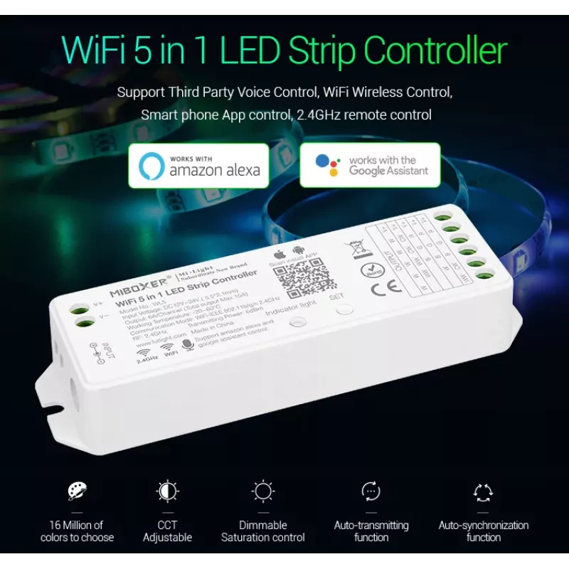 MIBOXER WL5 5in1 RGB+CCT LED-ohjain DC12-24V WiFi 2.4G Alexa