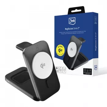 3MK MagRocket 3-in-1 15W MagSafe-yhteensopiva langaton latausasema iPhonelle, Apple Watchille, AirPodsille - musta