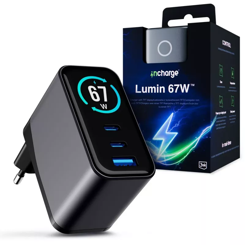 3mk InCharge Lumin 67W QC4+ näyttö musta/harmaa