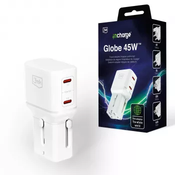 3mk incharge® Globe 45W™ 2C PD QC4+ PPS SCP AFC US/EU/AUS/UK valkoinen