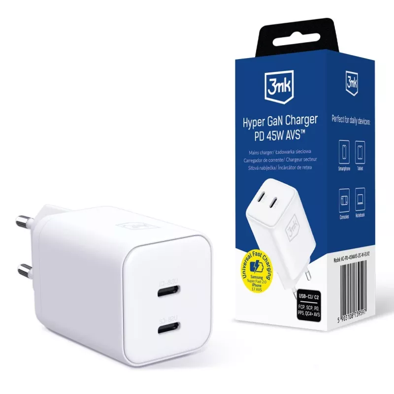 3mk Hyper Charger PD 45W GaN AVS QC4+ PPS AFC FCP DCP 2C valkoinen