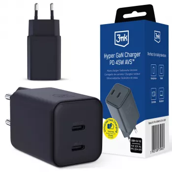 3MK Hyper Charger PD 45W GaN AVS QC4+ PPS AFC FCP DCP 2C musta