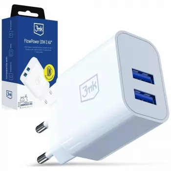 3MK Laturi 10W 2xUSB-A 2.4A FlowPower valkoinen